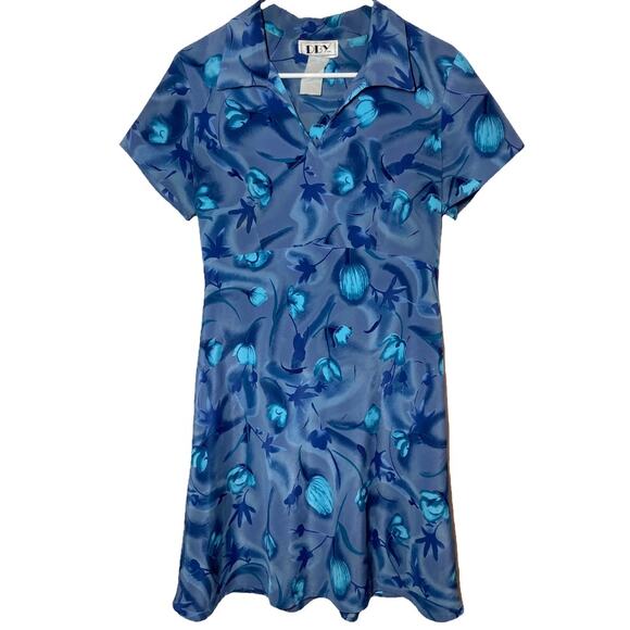 VTG DBY A-Line Dress Short Sleeve Collared Self Tie Back Floral Print Blue M 10 - Picture 1 of 4